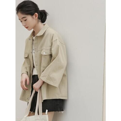 Spring and Autumn Korean-Style Loose Casual Large Pocket Jeans Coat Hong Kong-Style Womens Retro Tooling Large-Size Jacket