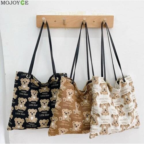 Women Bear Print Handbag Large Shoulder Shopping Bag Fashion Ladies Canvas Tote Big Bag Casual Handbag Female Shopping Bag