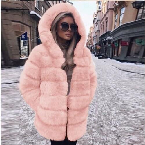 Pink Jacket Fur Coat Women Hooded Winter Fake Fur Snow Coat