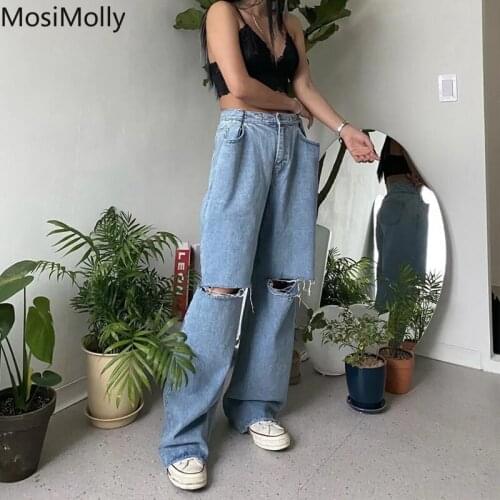 MosiMolly 2021 Women Denim Jeans Women Ripped Wash Blue Jeans Pants Women Adjustable Blue Pants Wide Leg Pants