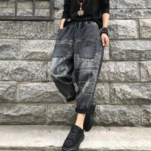 Autumn New Arts Style Women Vintage Jeans Double Pocket Cotton Denim Harem Pants Elastic Waist Loose print Jeans Plus Size S618
