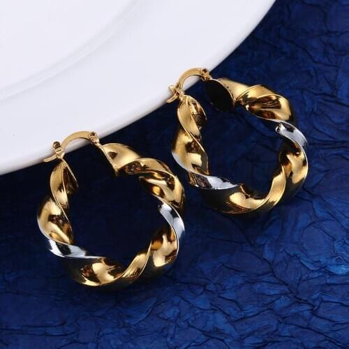 Fashion Two Tone Twisted Hoop Earring Thick Size Trendy Simple Earrings Jewelry