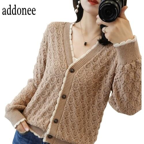2020 Latest Autumn Winter 100% Cotton Women Female V-Neck Knit Sweater Cardigan Coat Hollow Out Lace Soft Warm Fashion Casual
