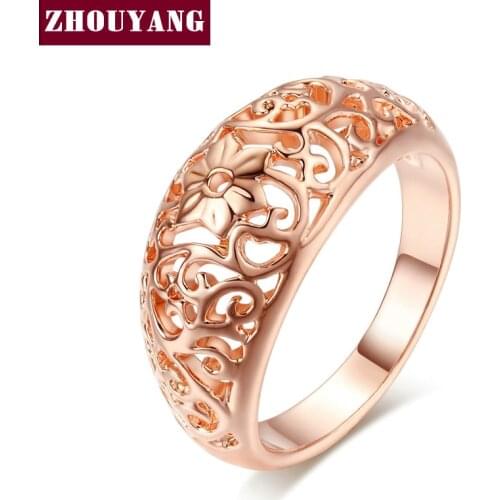 ZHOUYANG Vintage Chunky Ring For Women Hollow Out Flower Hollowing Craft Rose Gold Color Fashion Jewelry Friendship Gift R281