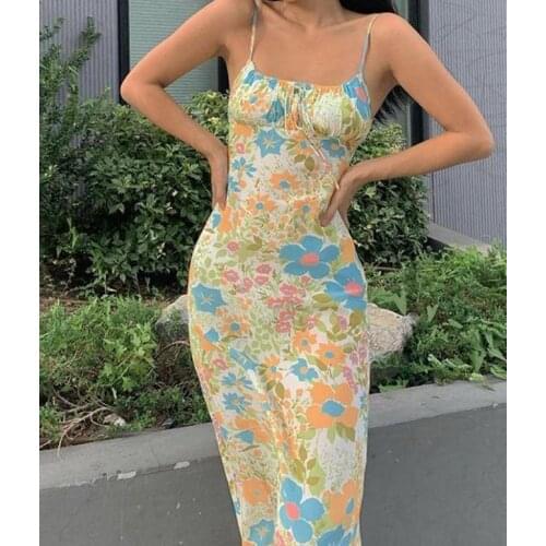 Women’s Casual Suspender Dress Fashion Floral Bandage Square Collar Backless Long Dress