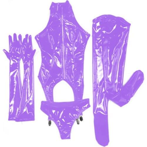 Women Sexy PVC 4 PCS Bodysuit Bodycon Sexy Lingerie Set PVC Catsuit Halloween Party Costume Top+ Pant+Gloves+Stockings S-7XL