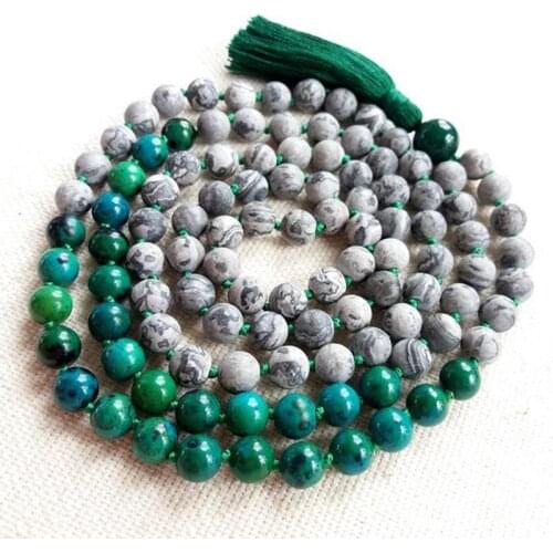 108 Mala Beads Necklace Hand Knotted J-asper And Chrysocolla Mala Necklace Meditation Prayer Beads Tassel Necklaces For Men