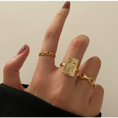 3pcs/set Gold Color Square Smile Face Thick Chain Ring Set for Women Girl Geometric Open Adjustable Finger Cuff Rings Anillos