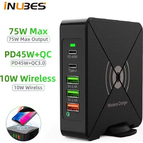 75W PD USB Charger Dock Station Type C Wireless Charger for iPhone 12 Fast Charger QC 3.0 Quick Wall Chargers 5 Port Desktop Hub