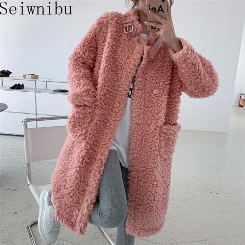 Elegant White Shaggy Women Faux Fur Coat Streetwear Autumn winter Warm Plush Trench Cotton Coat Female Overcoat Party