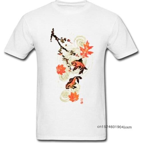 T Shirts KOI POND T-shirt Men Printed Chinese Style Clothing 100% Cotton White Tops Tees Casual Summer Tshirt Father Day Gift