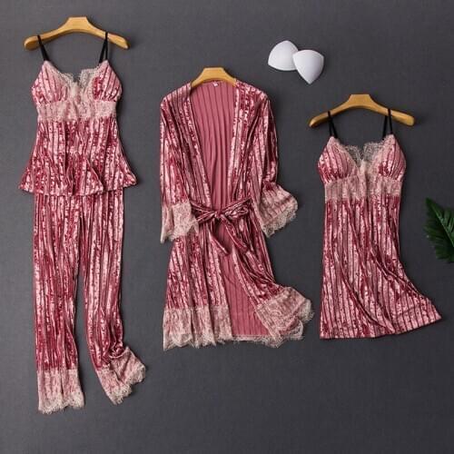 2020 4PCS Women Pajamas Set with Pants Sexy Pyjama Gold Velvet Robes Negligee Sleepwear Pyjamas Women Nightgown Girls Bathrobe