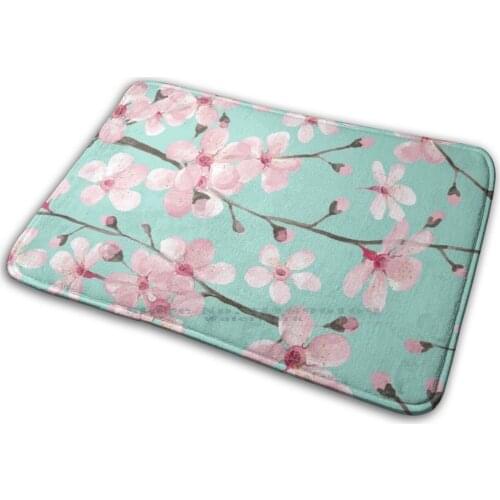Cherry Blossom On Mint , Pink Cherry Blossom Watercolor Mat Rug Carpet Anti - Slip Bedroom Entrance Door Mat Cherryblossom On