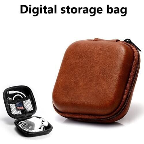 Retro leather in-ear headphone storage bag headset data cable protection box portable compression cable bag for Apple /Huawei