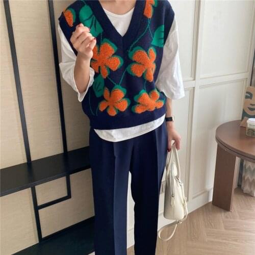 Floral print sweet knitted vest retro all-match spring outgoing vest fashion sleeveless womens waistcoats 2021 new female top