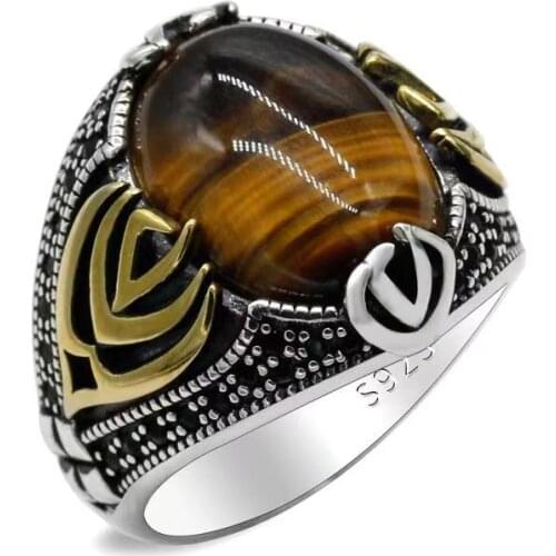 S925 Sterling Silver Natural Tiger Eye Big Stone Male Ring Turkey Retro Jewelry Mens ring