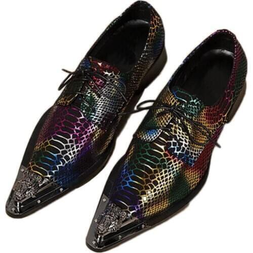 British Style Mes Shoes Ponited metal Toe Color Genuine Leather Dress Shoes Men Lace-up Party and Wedding Shoes Male, EU38-46