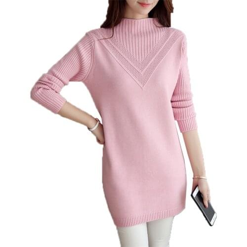 Autumn winter Loose Medium and long section Womens sweater 2018 New Half high collar Hedging Warm Knitwear Casual Female W103