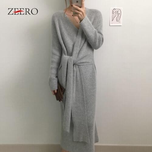 Autumn Knitted Women Loose Long Sleeve Side Split Maxi Bandage Dress Elegant Korea Winter Female V Neck Black Sweater Dresses