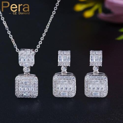 Pera Elegant Silver Color White Cubic Zirconia Classic Square Pendant Necklace Earrings for Women Costume Prom Jewelry Sets J210