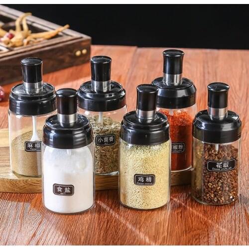250ml/300ml Glass Seasoning Bottle Spice Jar with spoon and lid Salt Sugar Pepper Oliver Oil Storage Container for Kitchen Tools