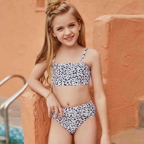 Animal Leopard Swimsuit Girls Two Piece Childrens Swimwear High Waist Girl Bikini Set 7-14 Years Girls Bathing Suit Beachwear