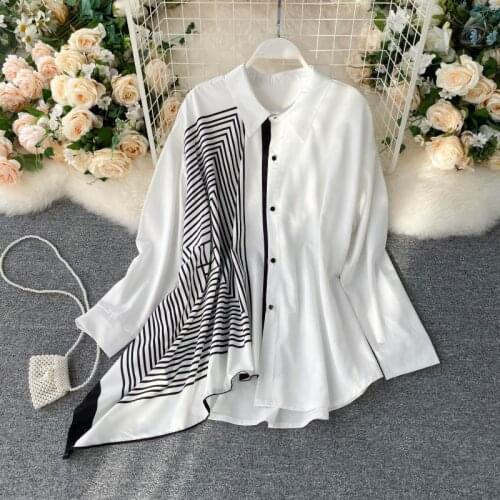 White top women shirts blouses long shirt irregular striped long sleeve autumn 2020 new loose blouse kimono femme long