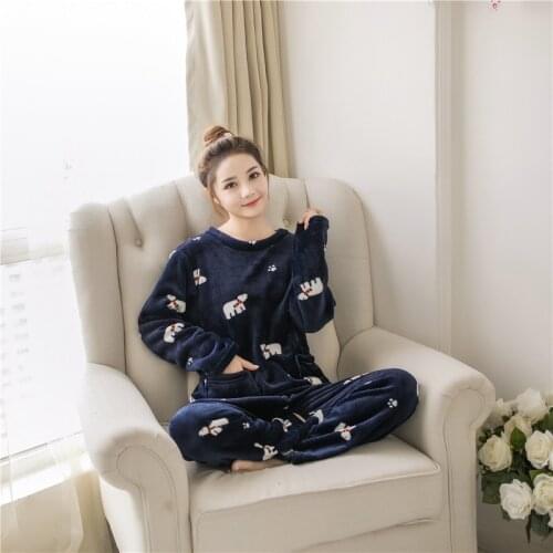 Womens Flannel Warm Pajamas Autumn And Winter Thick Coral Fleece Long-Sleeved Cartoon Home Service Casual Cute Pajamas Set