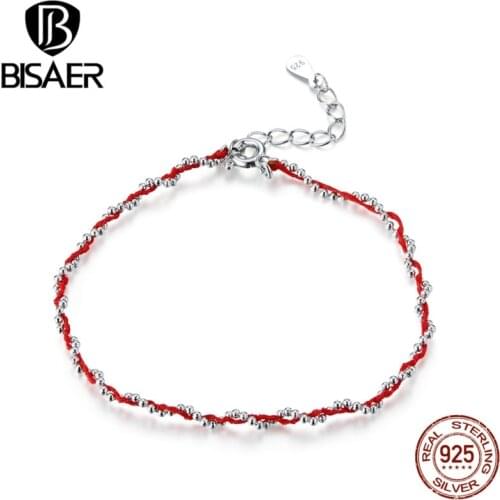 Red Rope Bracelets BISAER 2020 New 925 Sterling Silver Black & Red Chain Lobster Clasp Bracelets for Women Jewelry ECB173