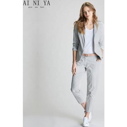New female elegant pant suits OL formal work wear womens long sleeve blazer with Trousers office business suit light gray