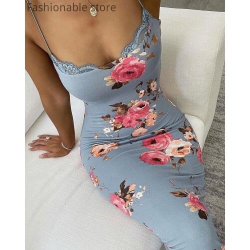 Women Floral Print Skinny Sleeveless Lace Spaghetti Strap Backless Maxi Dress