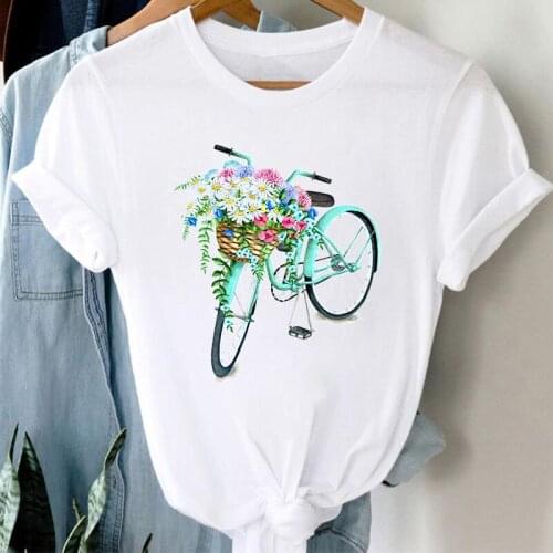 2021 Women T-shirt Flower bicycle Graphic Tshirts Ladies Cartoon Streetwear Clothes Woman Tee Top Fashion Female T shirt