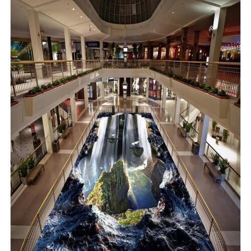Custom 3D Painting Floor Wallpaper PVC Adhesive Cave Waterfall Scenery 3D Flooring Modern Custom 3D Floor Mural