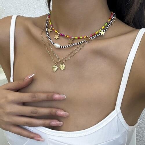 Boho Rice Beads Star Pendant Multi-layer Necklaces Colorful Beaded Choker Handmade Diy Chain Fashion Jewelry Gifts
