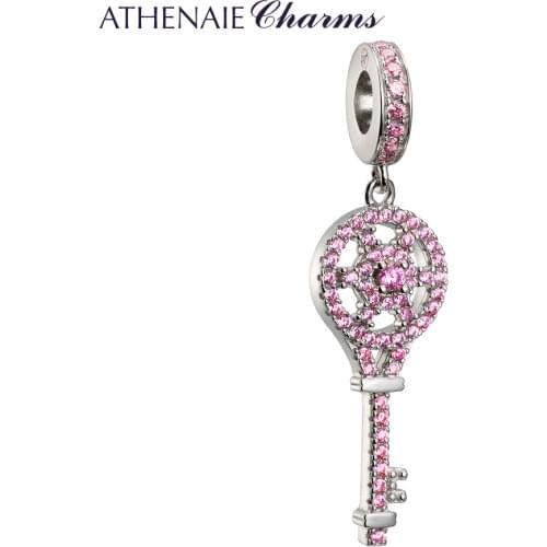 ATHENAIE 925 Silver with Pave Clear CZ Heart Key Pink Pendant Drops Charms Fit All European Bracelets Color Pink Fine Jewelry