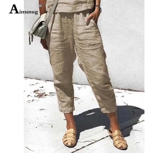 Plus size 5xl Women Cotton Linen Pants 2021 Summer Casual Loose Trousers with Pocket Solid Khaki Gray Female Calf-Length Pants