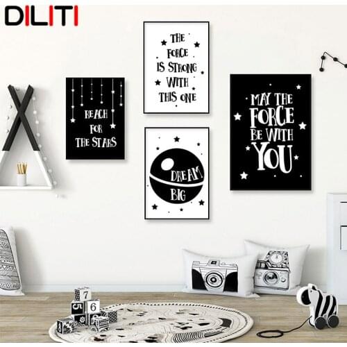 Black White Cartoon Planet Wall Art Nursery Quote Canvas Painting Nordic Posters and Prints Pictures for Kids Room Decoration