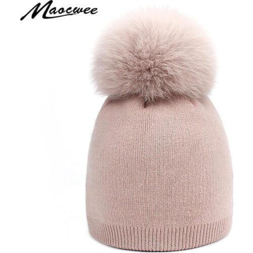 Children Winter Real Fox Pompom Hats Baby Kids Girl Solid Knitted Beanies Caps Thick Baby Boys Girls Winter Warm Hat Skullies