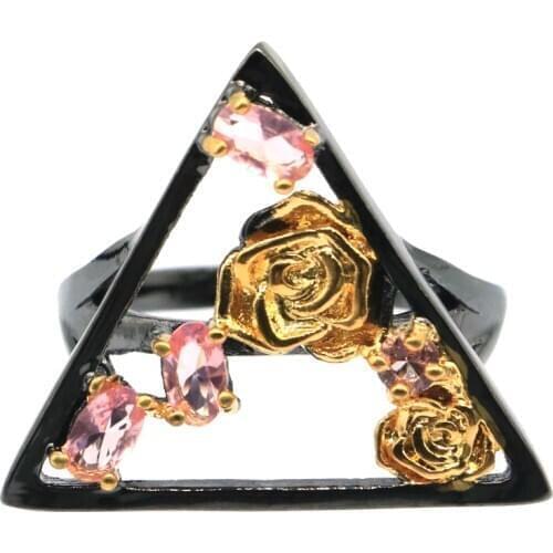 26x22mm Neo-Gothic Trangle Created Smokey Quartz Pink Morganite For Men Street Jewelry Cool Black Gold Silver Rings Punk Hollow