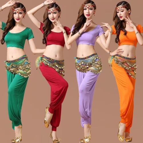 2018 new belly dance costume set bellydance pratice clothing indian set gauze set pants color block set 5 colors Top&Pants&Belt