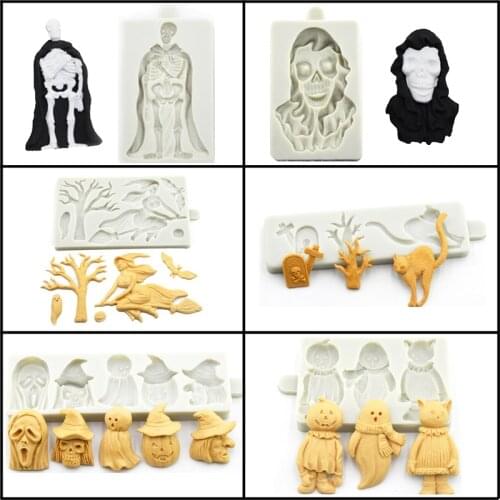 Meibum Halloween Skeleton Ghosts Pumpkin Pie Witch Bat Cat Theme Silicone Fondant Cake Mold Sugar Craft Chocolate Decorate Mould