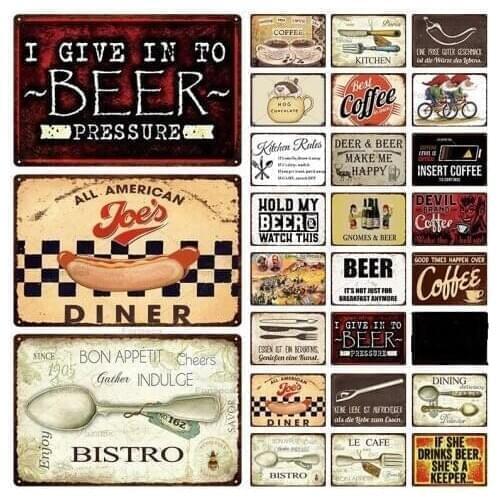 Beer Coffee Metal Tin Sign Tableware Iron Painting Vintage Cafe Diner Bar Plaque Iron Plates Wall Art Decor For Bar Kitchen