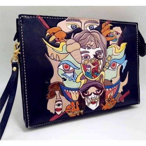 Handmade Men Vegetable Tanned Leather Cartoon Comic Bag Money Holder Clutch Purse Cigarette Pocket Man Clutches Envelope