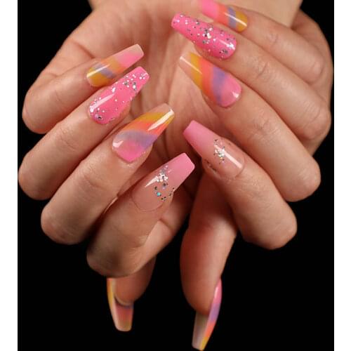 24pcs/box fake nails with glue designed Rainbow gradient Ballet Manicure patch acrylic products nail tips for girls