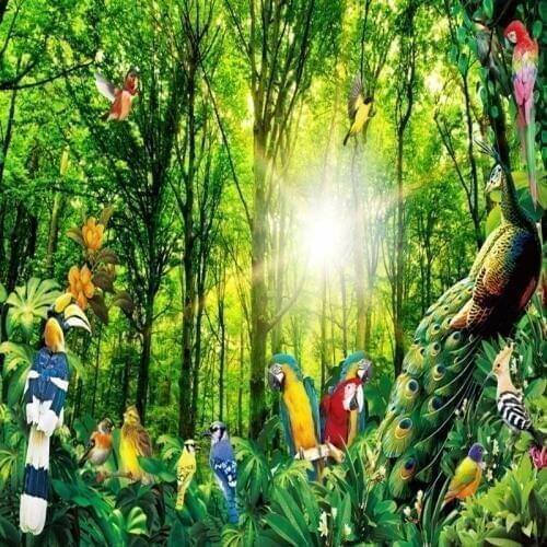 Dropship Colomac Green Wallpaper Sunshine Forest Bird Illustration Parrot Wallpaper Bedroom Wall Paper living Room Papel Mural