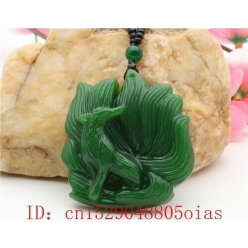 Natural Green Chinese Jade Nine-tailed Fox Pendant Beads Necklace Fashion Charm Jewelry Carved Amulet Gifts for Women Men