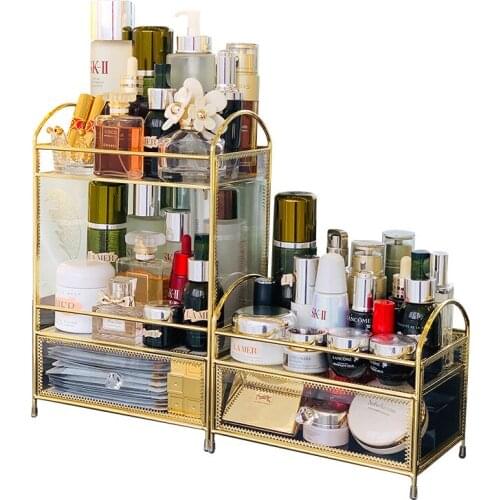 New Arrival Gold Glass Clear Makeup Organizer Perfume Lipstick Cosmetic Storage Display Box Case Stand Rack Holder Organizer