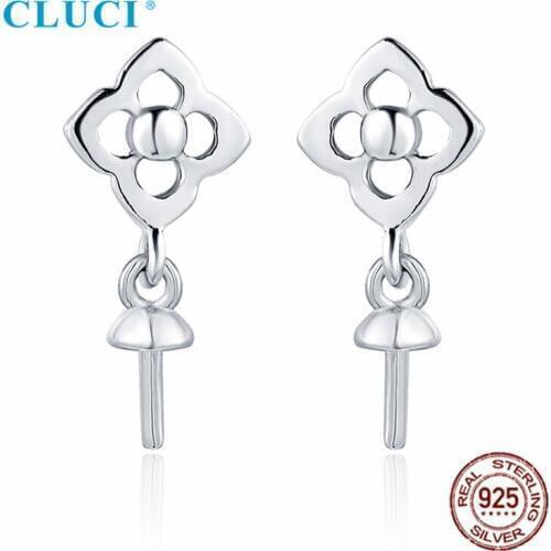 CLUCI 100% 925 Sterling Silver Four Clover Pearl Stud Earrings Mountings for Women Party Wedding Pearl Jewelry SE174SB