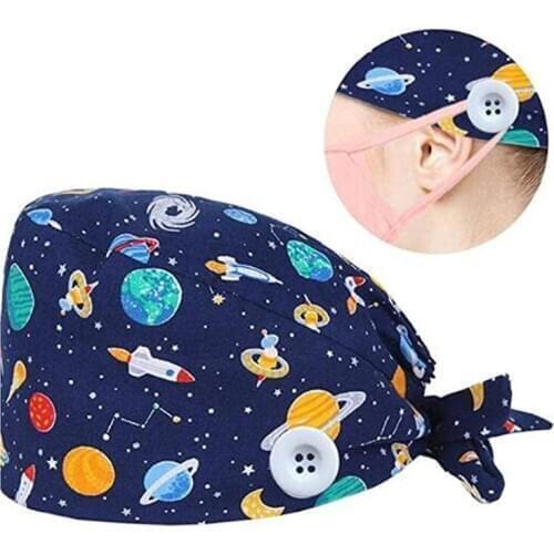 Scrubs Caps Button Cartoon Printed Working Hats Adjustable Reuseable Protect Ears Work Bouffant Hat