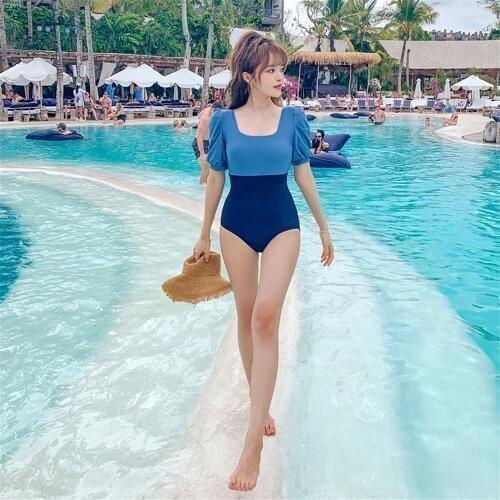Korea Style One Piece Swimsuit Women Solid Swimwear Short Sleeve Monokini Push Up Swim Suit Backless Trikini Bathing Suit Blue